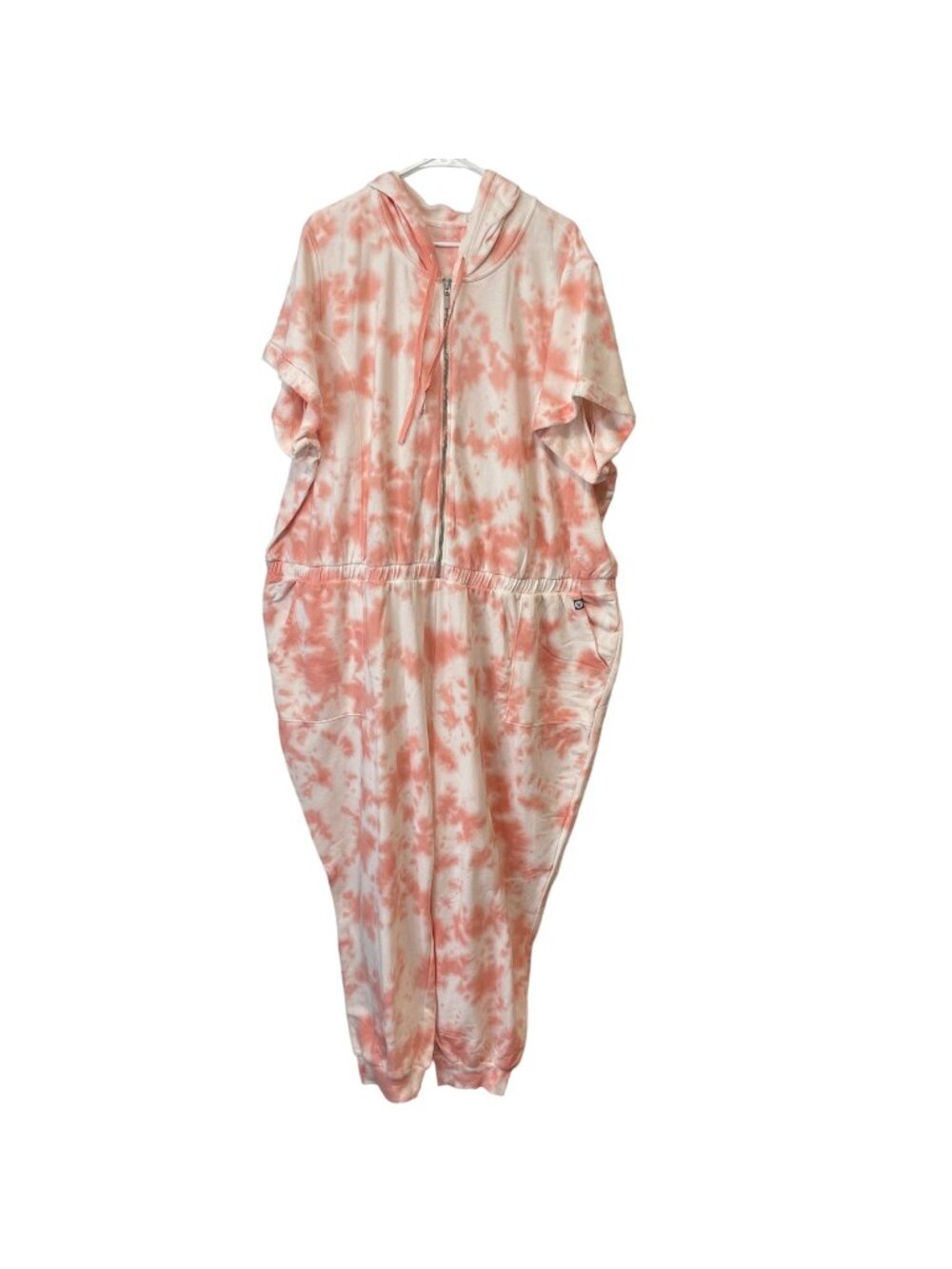Livi Tie-Dye Hood Jumpsuit Zip Front Short Sleeve Pink/Peach & White Size 30/32